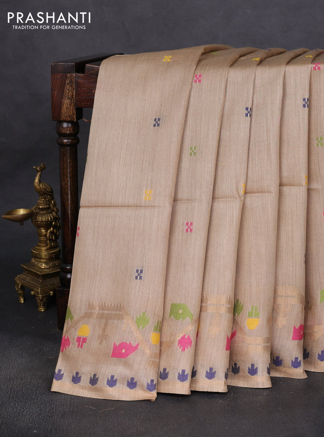 Munga tussar silk saree sandal with thread woven buttas and woven border