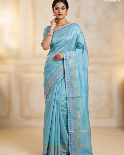 Munga tussar silk saree pastel blue with thread woven buttas and woven border