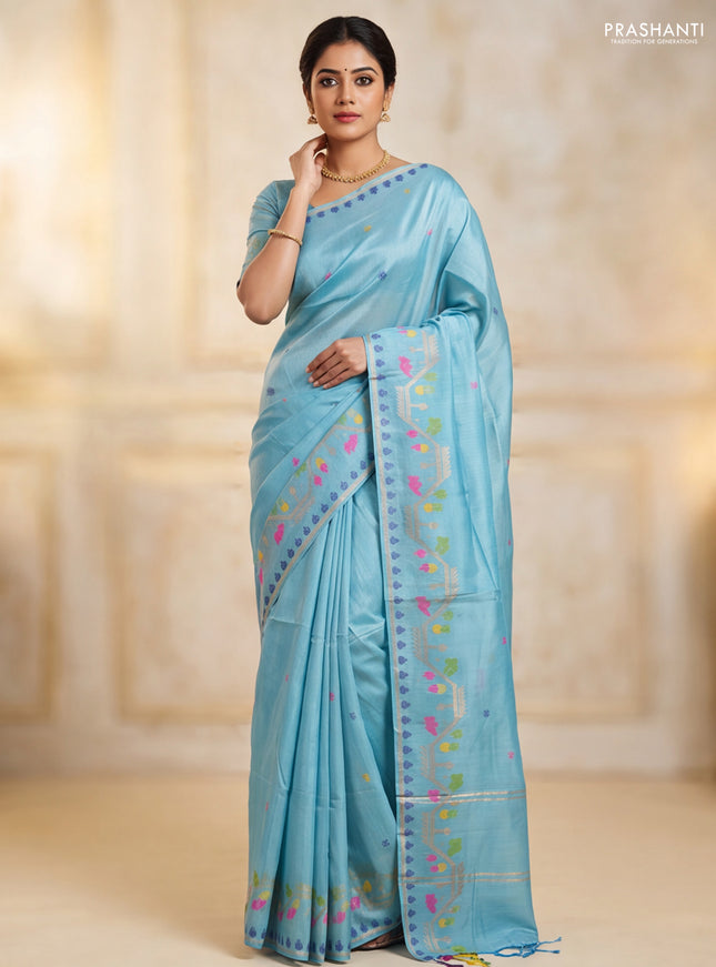 Munga tussar silk saree pastel blue with thread woven buttas and woven border