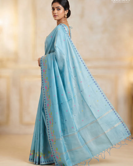 Munga tussar silk saree pastel blue with thread woven buttas and woven border