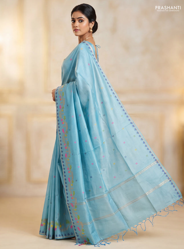 Munga tussar silk saree pastel blue with thread woven buttas and woven border
