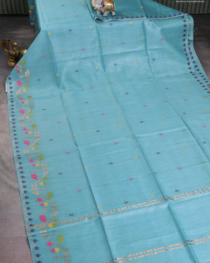Munga tussar silk saree pastel blue with thread woven buttas and woven border