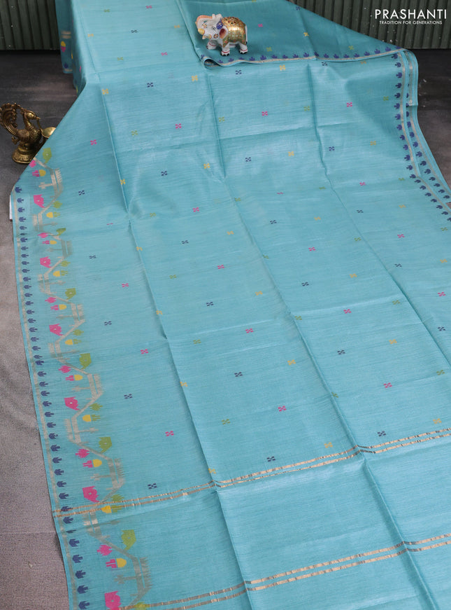 Munga tussar silk saree pastel blue with thread woven buttas and woven border
