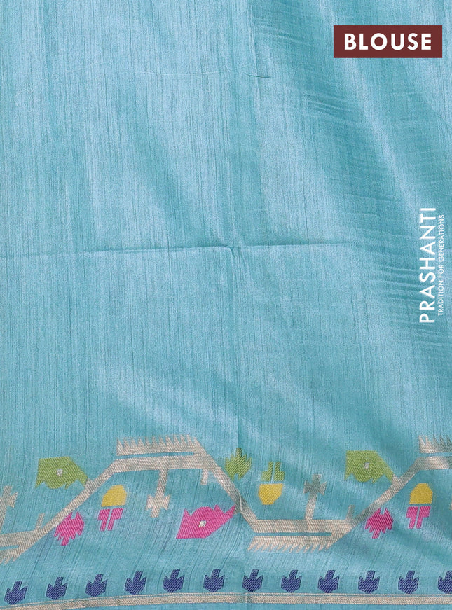 Munga tussar silk saree pastel blue with thread woven buttas and woven border