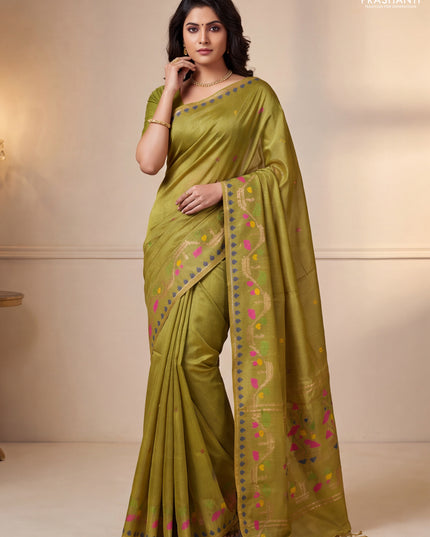 Munga tussar silk saree lime yellow with thread woven buttas and woven border