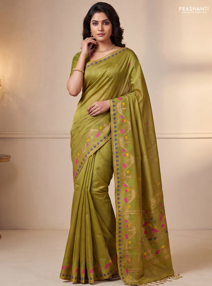 Munga tussar silk saree lime yellow with thread woven buttas and woven border