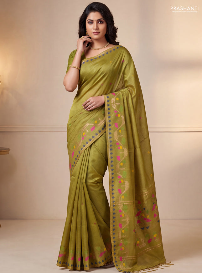 Munga tussar silk saree lime yellow with thread woven buttas and woven border