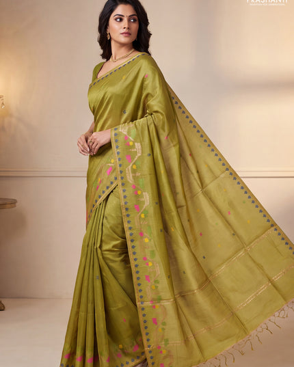 Munga tussar silk saree lime yellow with thread woven buttas and woven border