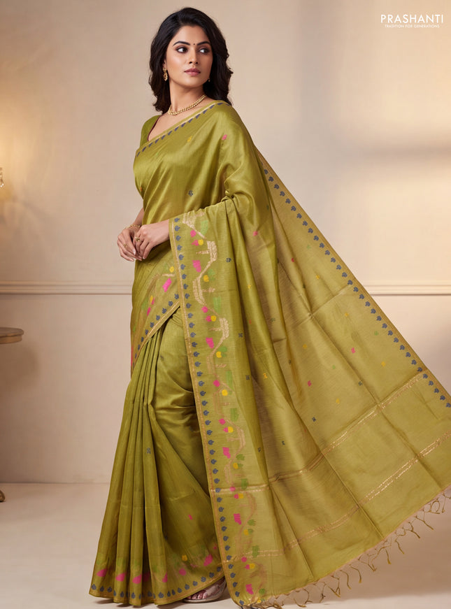 Munga tussar silk saree lime yellow with thread woven buttas and woven border