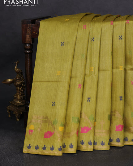 Munga tussar silk saree lime yellow with thread woven buttas and woven border