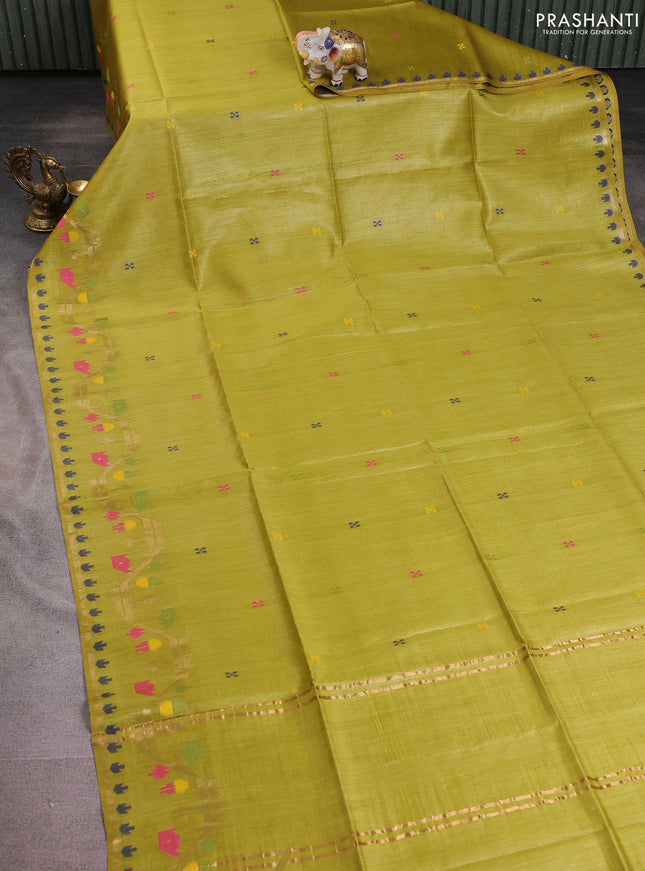 Munga tussar silk saree lime yellow with thread woven buttas and woven border