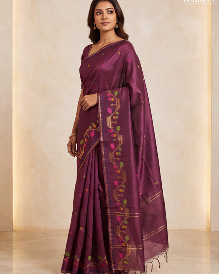 Munga tussar silk saree deep maroon with thread woven buttas and woven border