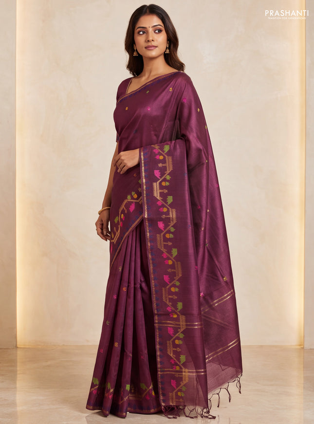Munga tussar silk saree deep maroon with thread woven buttas and woven border
