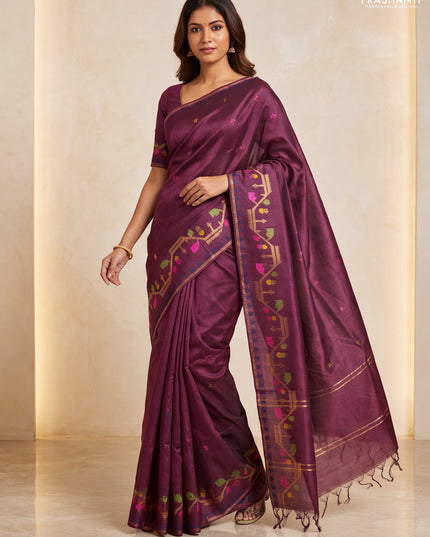 Munga tussar silk saree deep maroon with thread woven buttas and woven border