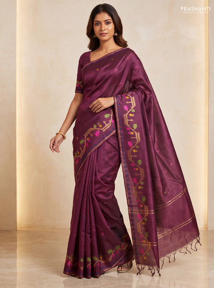 Munga tussar silk saree deep maroon with thread woven buttas and woven border