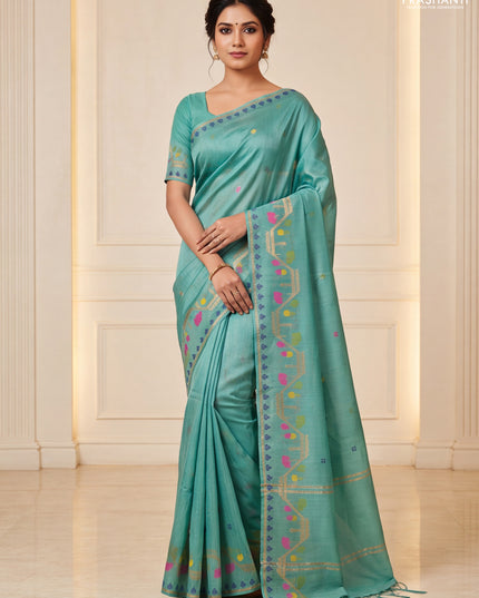 Munga tussar silk saree pastel green with thread woven buttas and woven border