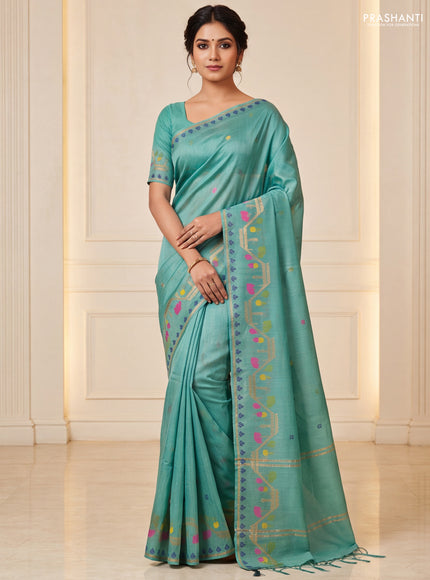 Munga tussar silk saree pastel green with thread woven buttas and woven border