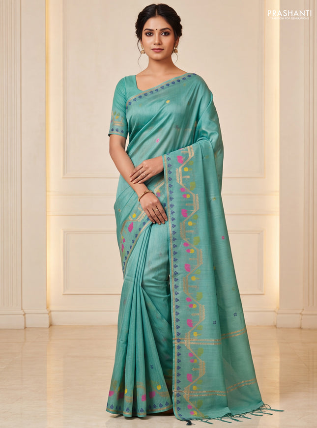 Munga tussar silk saree pastel green with thread woven buttas and woven border