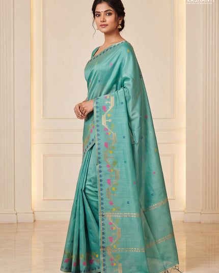 Munga tussar silk saree pastel green with thread woven buttas and woven border