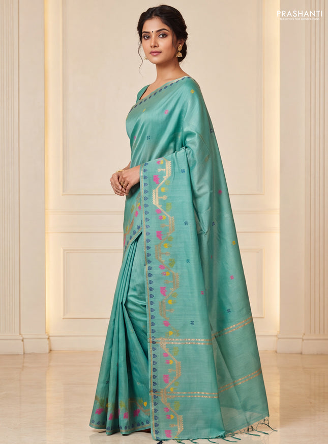 Munga tussar silk saree pastel green with thread woven buttas and woven border