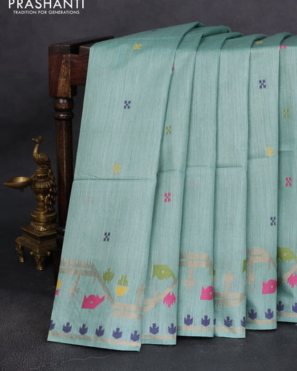 Munga tussar silk saree pastel green with thread woven buttas and woven border