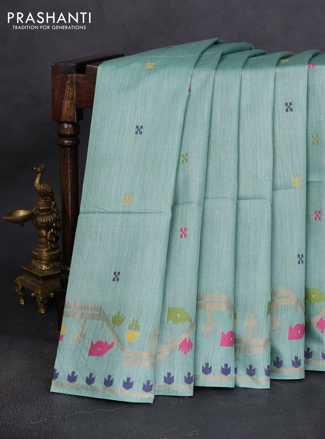 Munga tussar silk saree pastel green with thread woven buttas and woven border