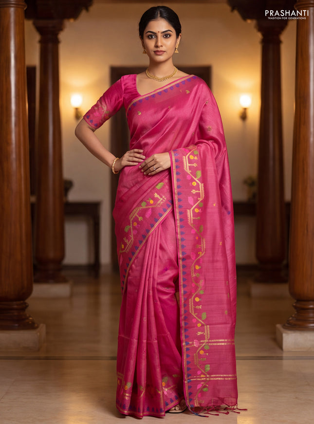 Munga tussar silk saree maroon with thread woven buttas and woven border