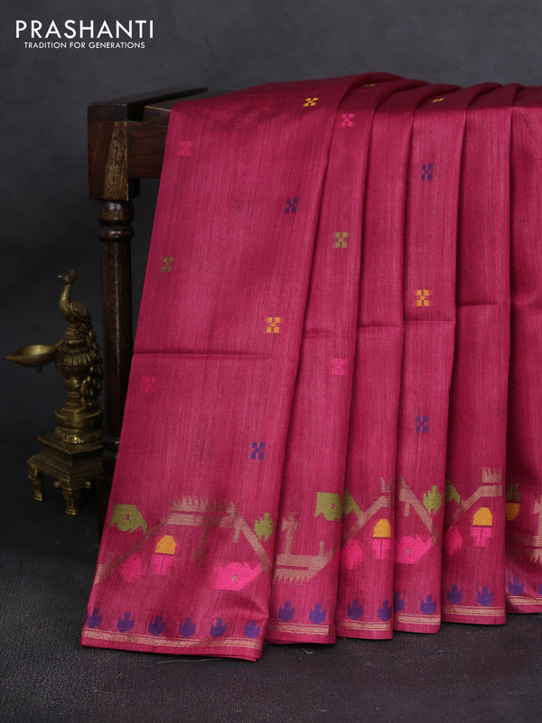 Munga tussar silk saree maroon with thread woven buttas and woven border