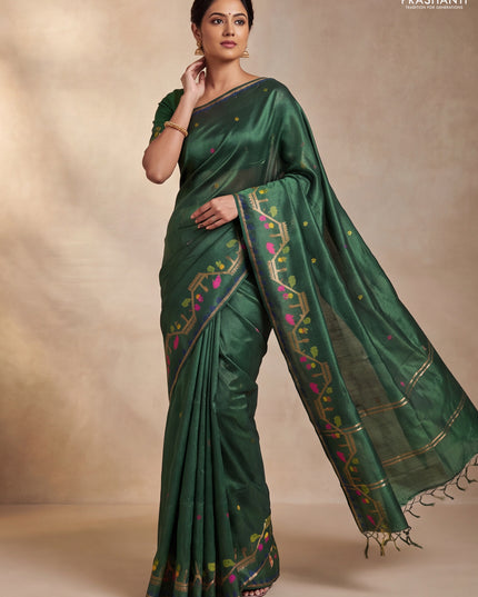 Munga tussar silk saree green with thread woven buttas and woven border