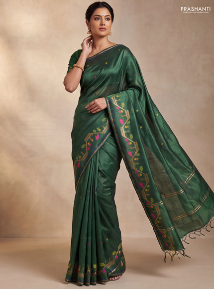 Munga tussar silk saree green with thread woven buttas and woven border
