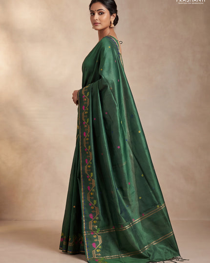 Munga tussar silk saree green with thread woven buttas and woven border
