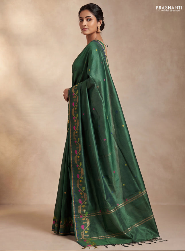 Munga tussar silk saree green with thread woven buttas and woven border