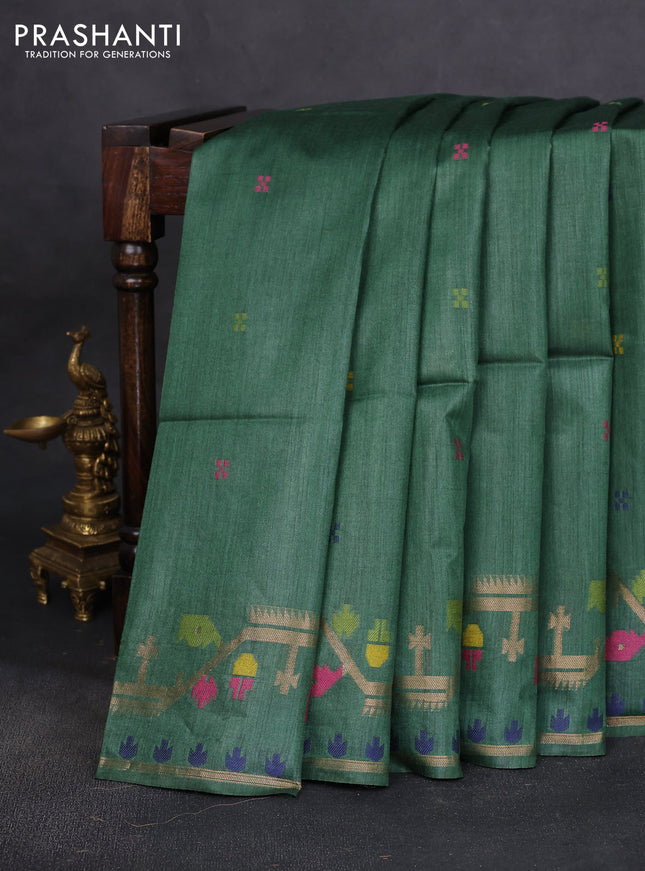 Munga tussar silk saree green with thread woven buttas and woven border