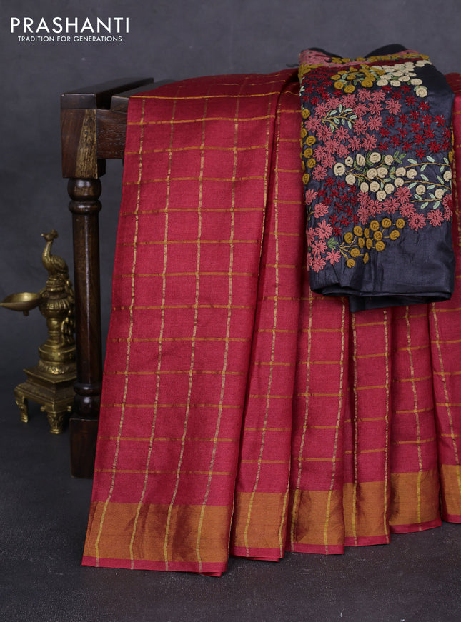 Pure tussar silk saree maroon and grey with allover zari checks and zari woven border