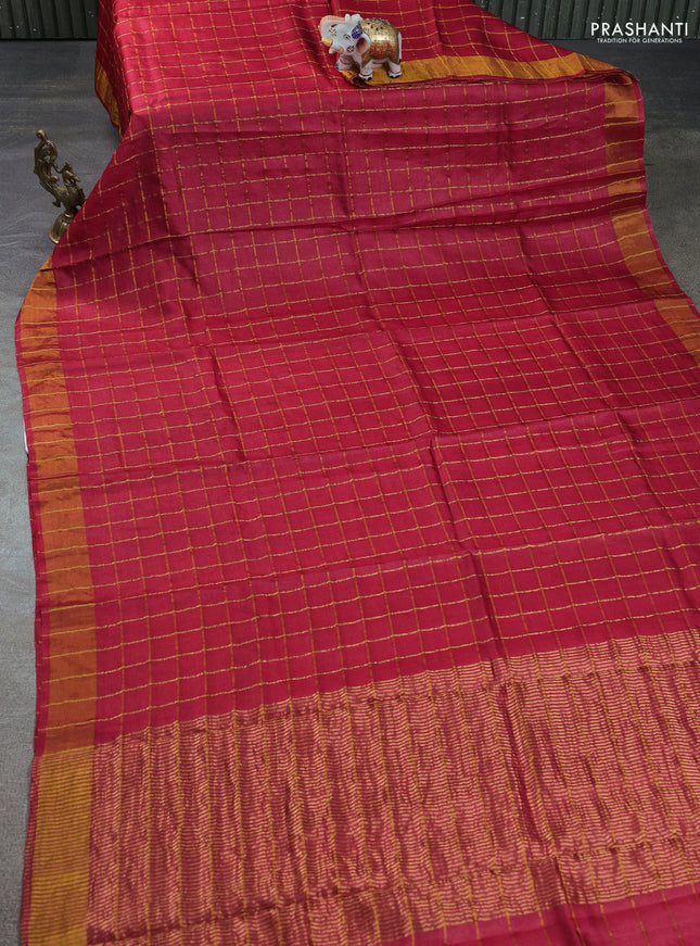 Pure tussar silk saree maroon and grey with allover zari checks and zari woven border