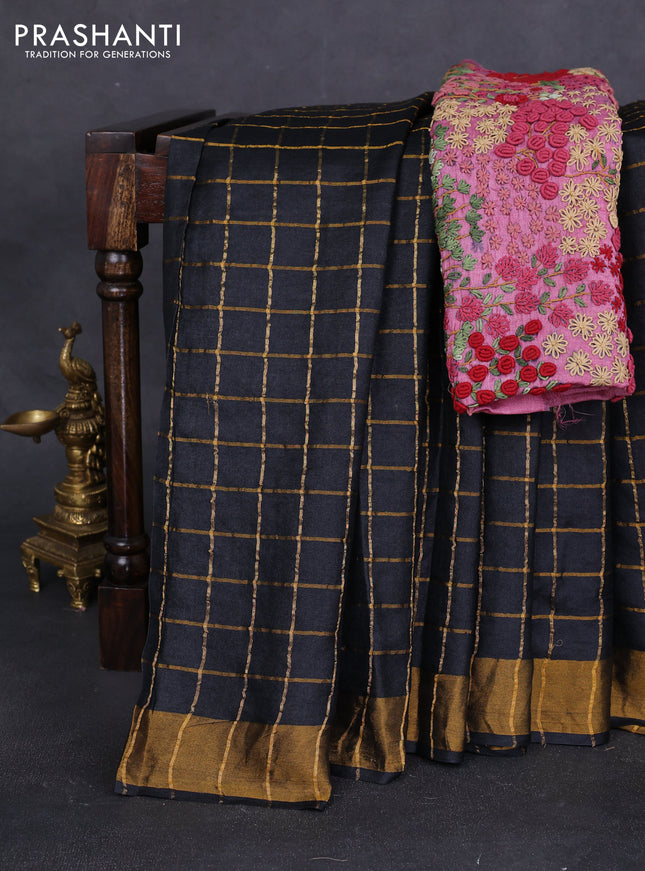 Pure tussar silk saree black and pink with allover zari checks and zari woven border