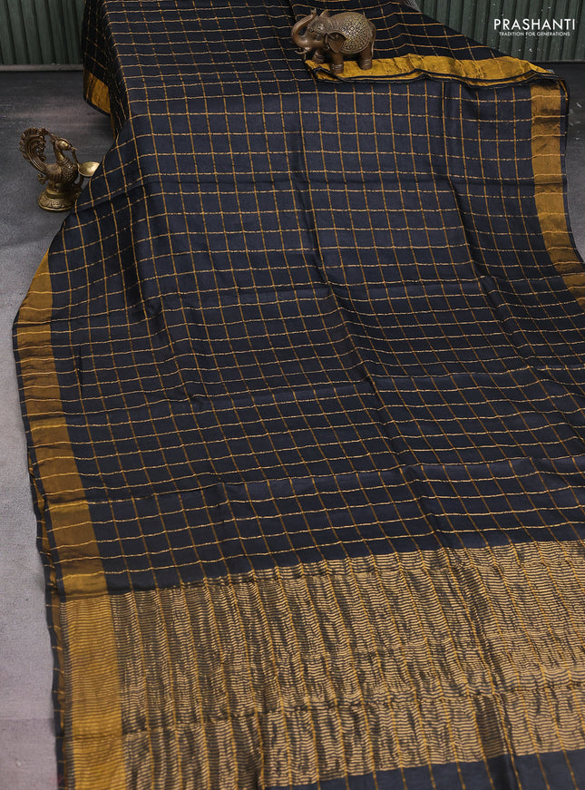 Pure tussar silk saree black and pink with allover zari checks and zari woven border