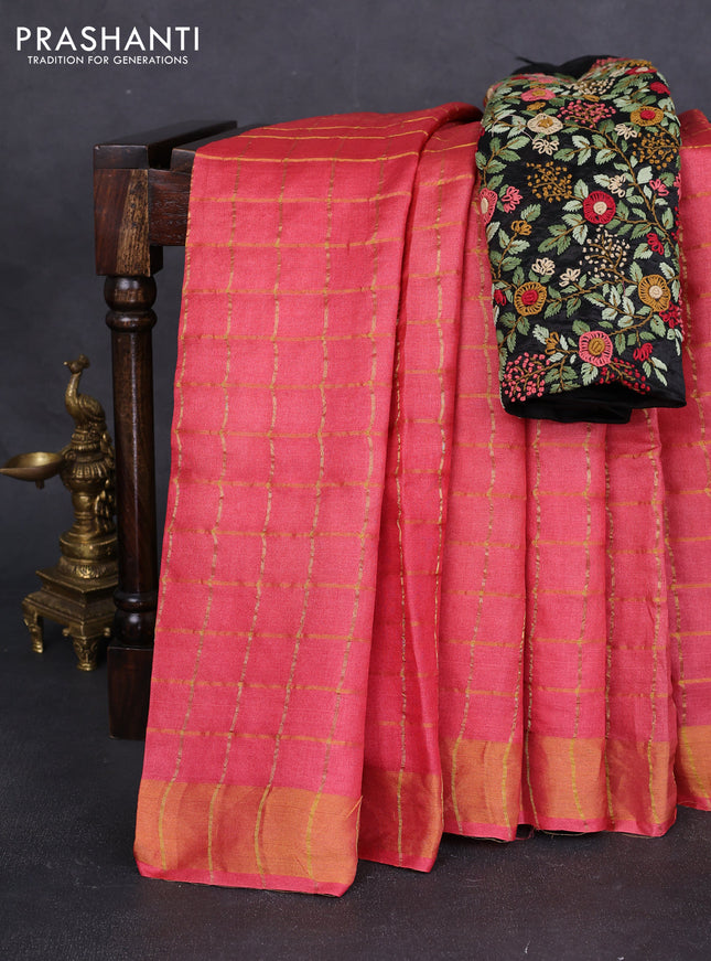 Pure tussar silk saree pink and black with allover zari checks and zari woven border