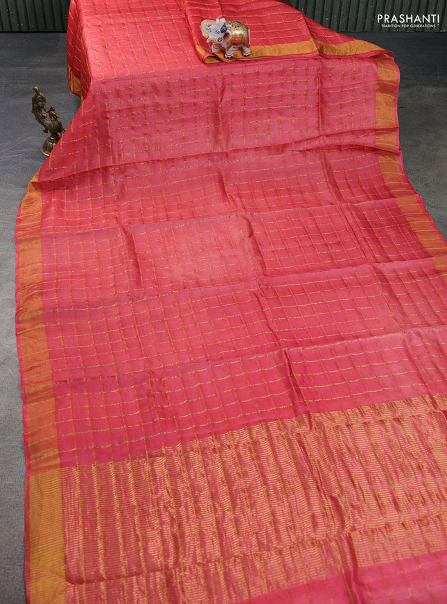Pure tussar silk saree pink and black with allover zari checks and zari woven border