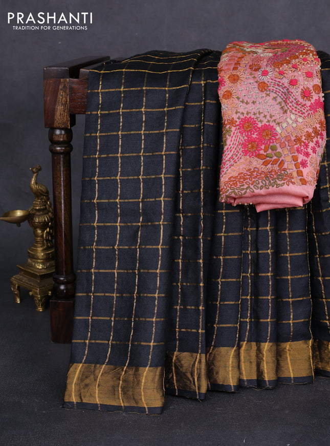 Pure tussar silk saree black and peach shade with allover zari checks and zari woven border