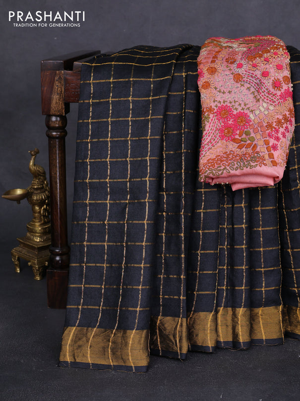 Pure tussar silk saree black and peach shade with allover zari checks and zari woven border