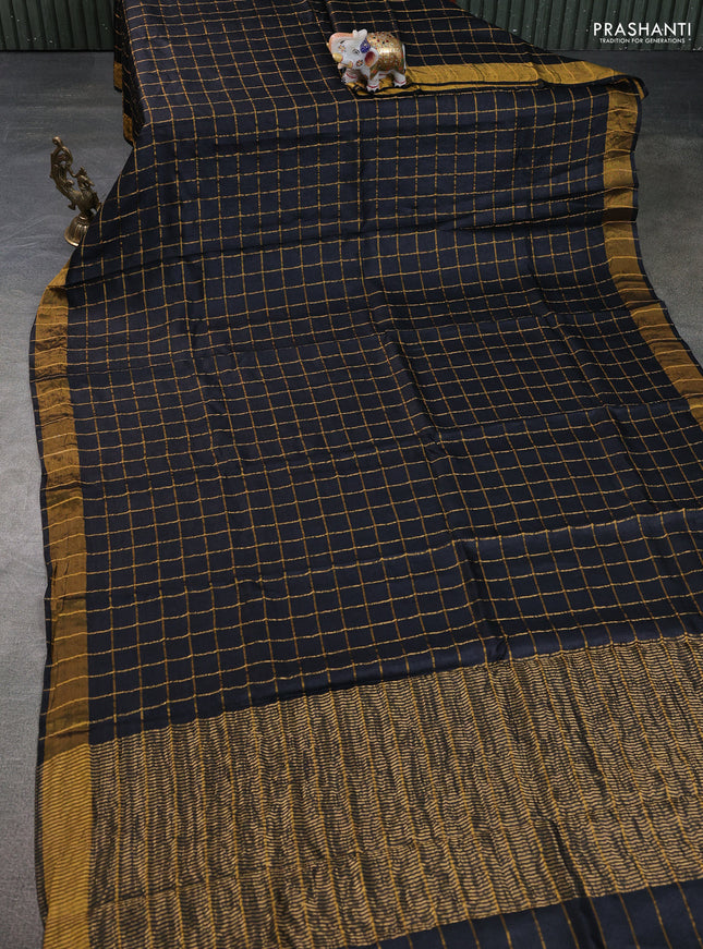 Pure tussar silk saree black and peach shade with allover zari checks and zari woven border