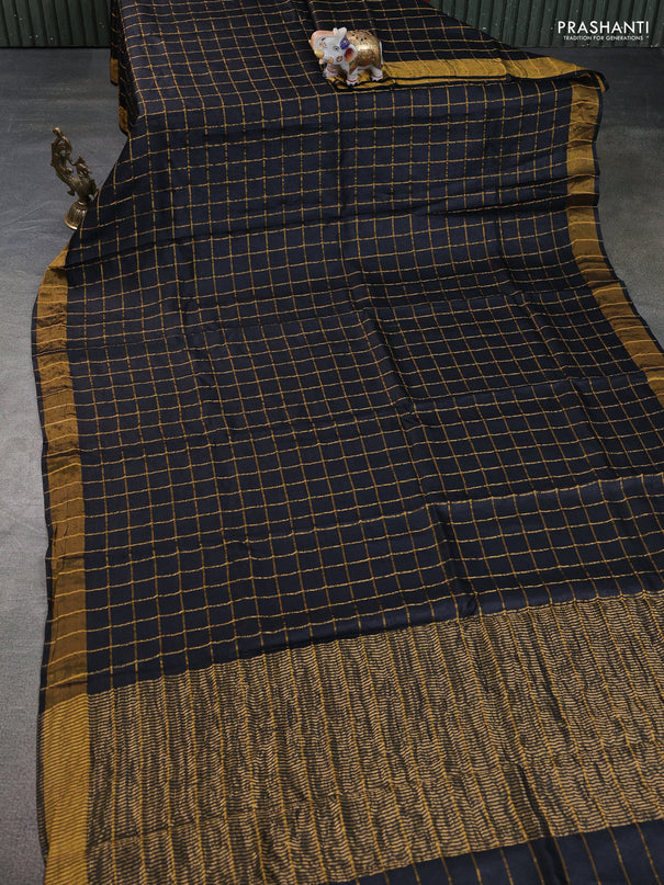 Pure tussar silk saree black and peach shade with allover zari checks and zari woven border
