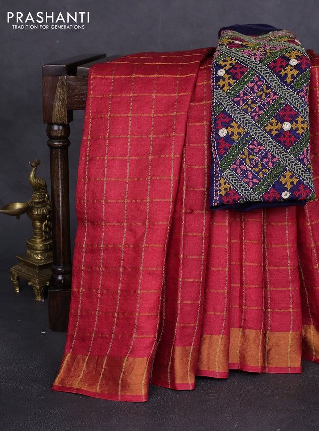 Pure tussar silk saree maroon and navy blue with allover zari checks and zari woven border