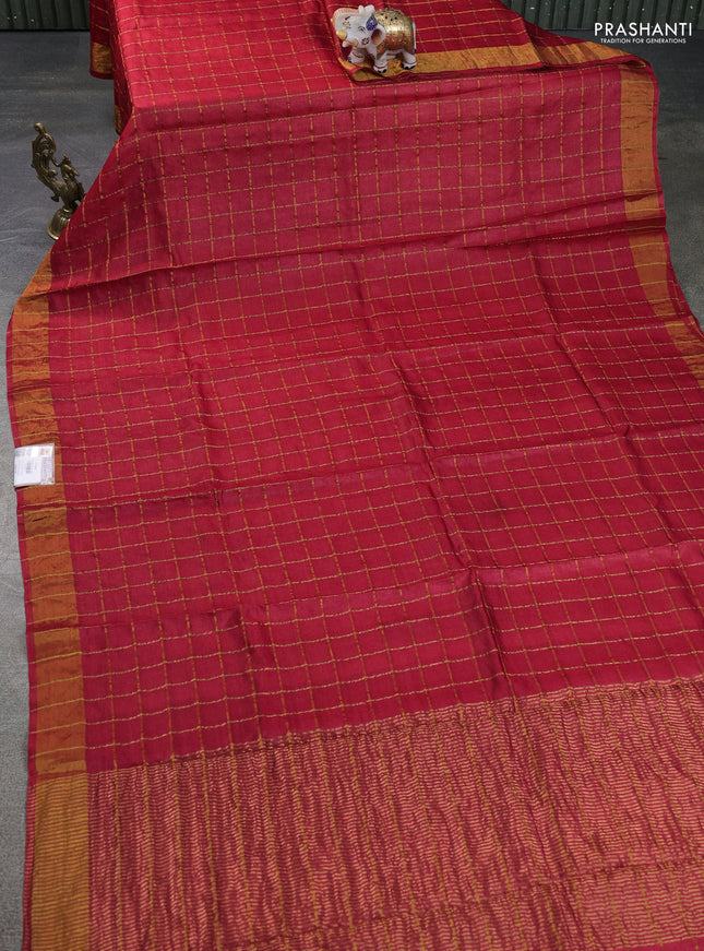 Pure tussar silk saree maroon and navy blue with allover zari checks and zari woven border