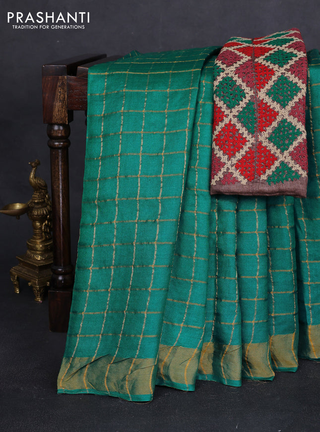 Pure tussar silk saree teal green and brown with allover zari checks and zari woven border