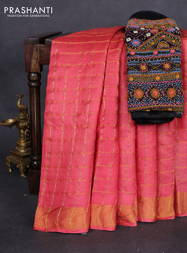 Pure tussar silk saree pink and black with allover zari checks and zari woven border