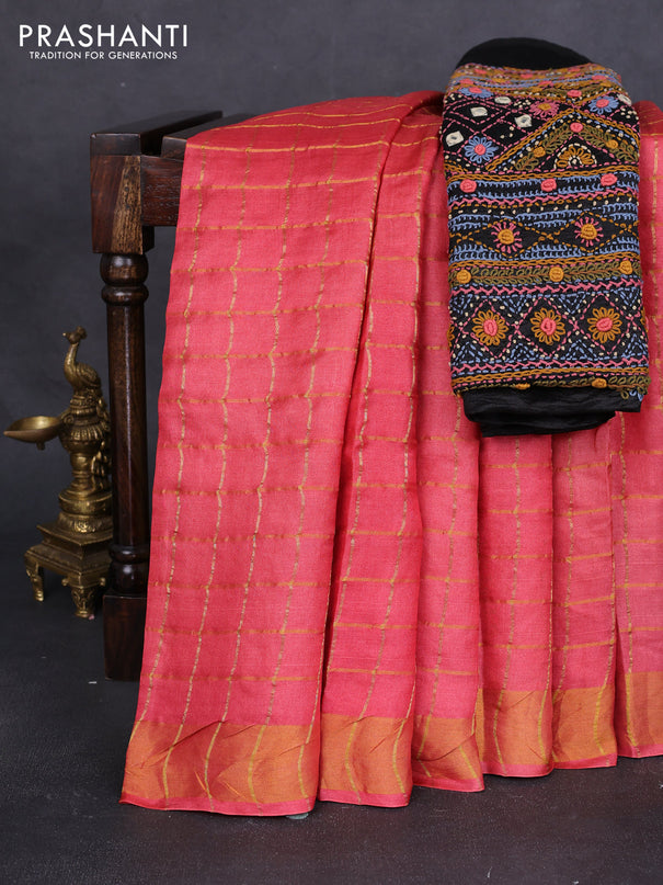 Pure tussar silk saree pink and black with allover zari checks and zari woven border