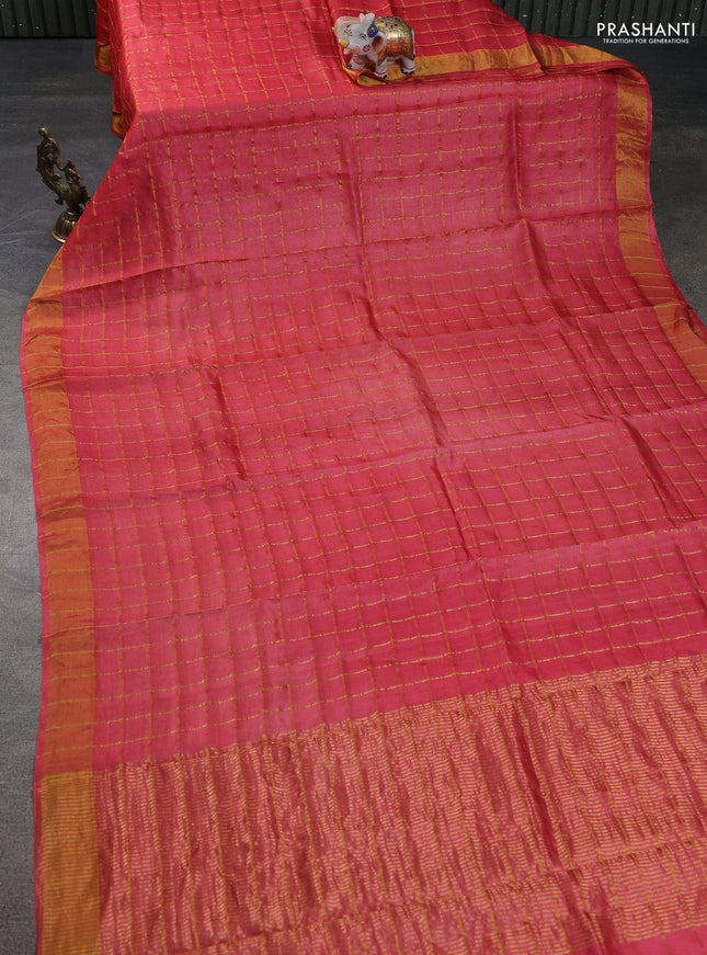 Pure tussar silk saree pink and black with allover zari checks and zari woven border