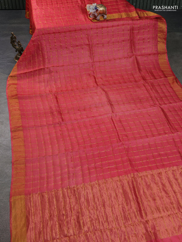 Pure tussar silk saree pink and black with allover zari checks and zari woven border
